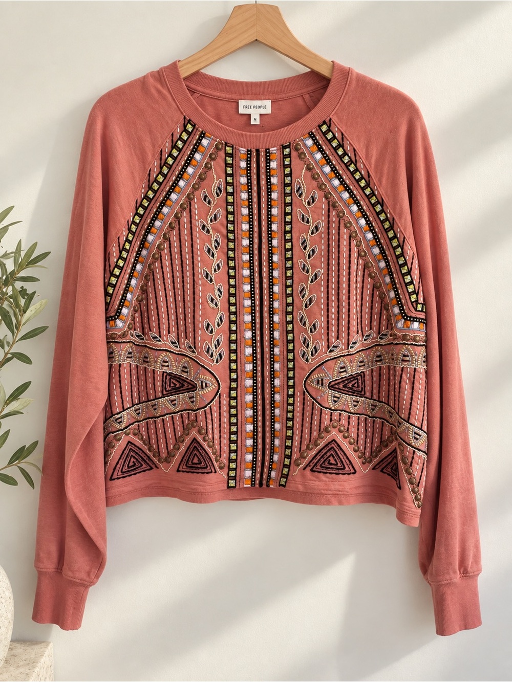 Akemi + Kin Anthropologie Embroidered Beaded Terracotta Sweatshirt S - Picture 2 of 6